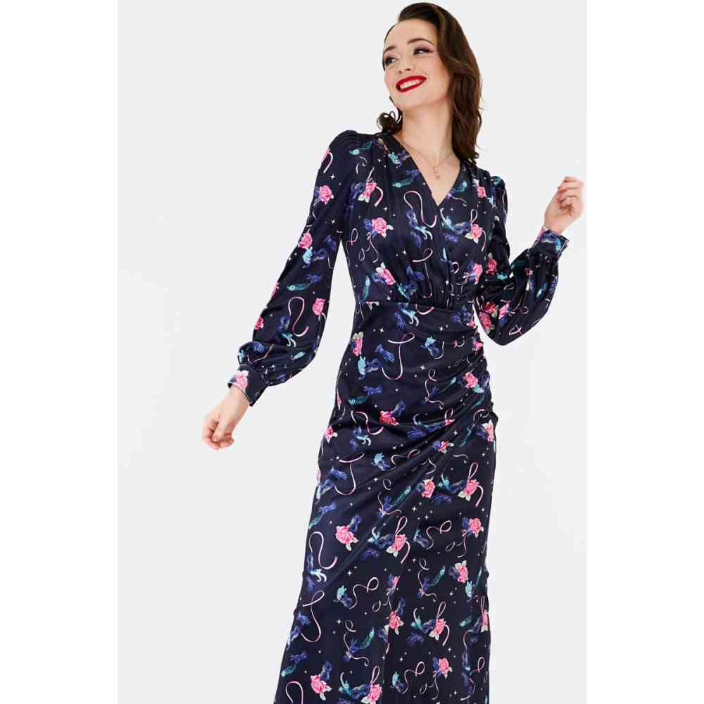 Voodoo Vixen - Velvet Peacock Masquerade Robe longue maxi - Noir